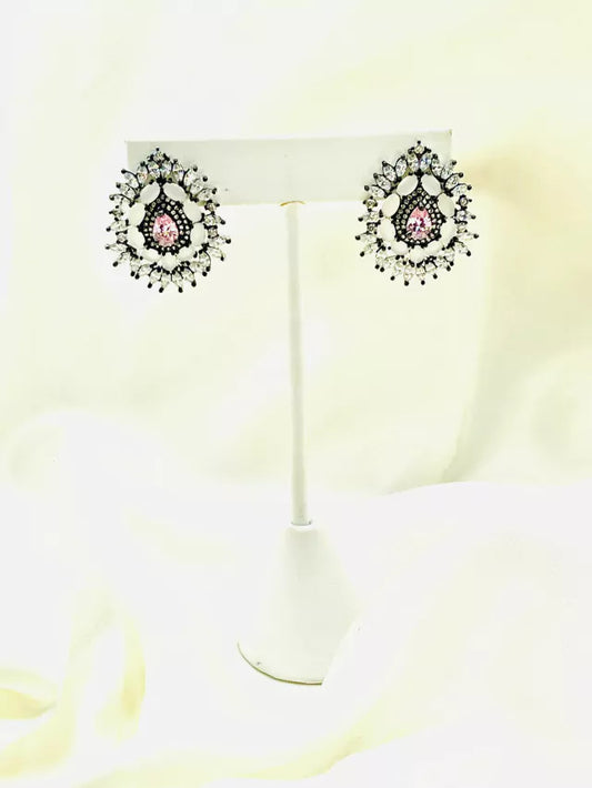 White Rhodium Oval Earring with Pink/White Matte Stone and Crystal