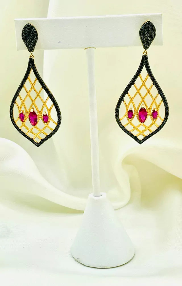 Long Drop Earring with 3 Ruby Studded Black Micro Zirconia