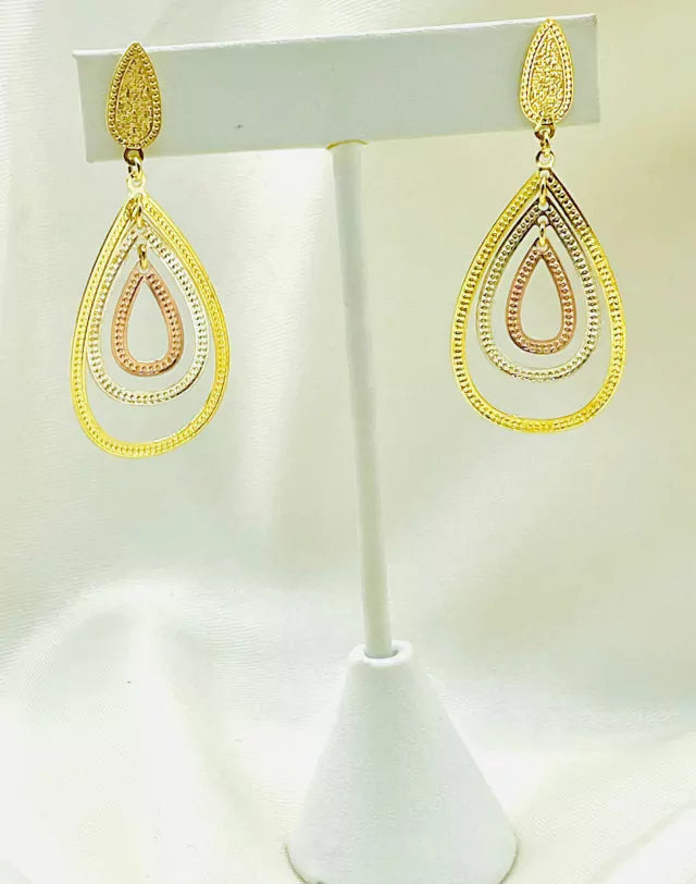 Gold/rose/silver 3-drop earrings