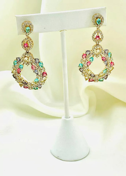 Long 3 Drop Earring Studded with Colored Microzirconia